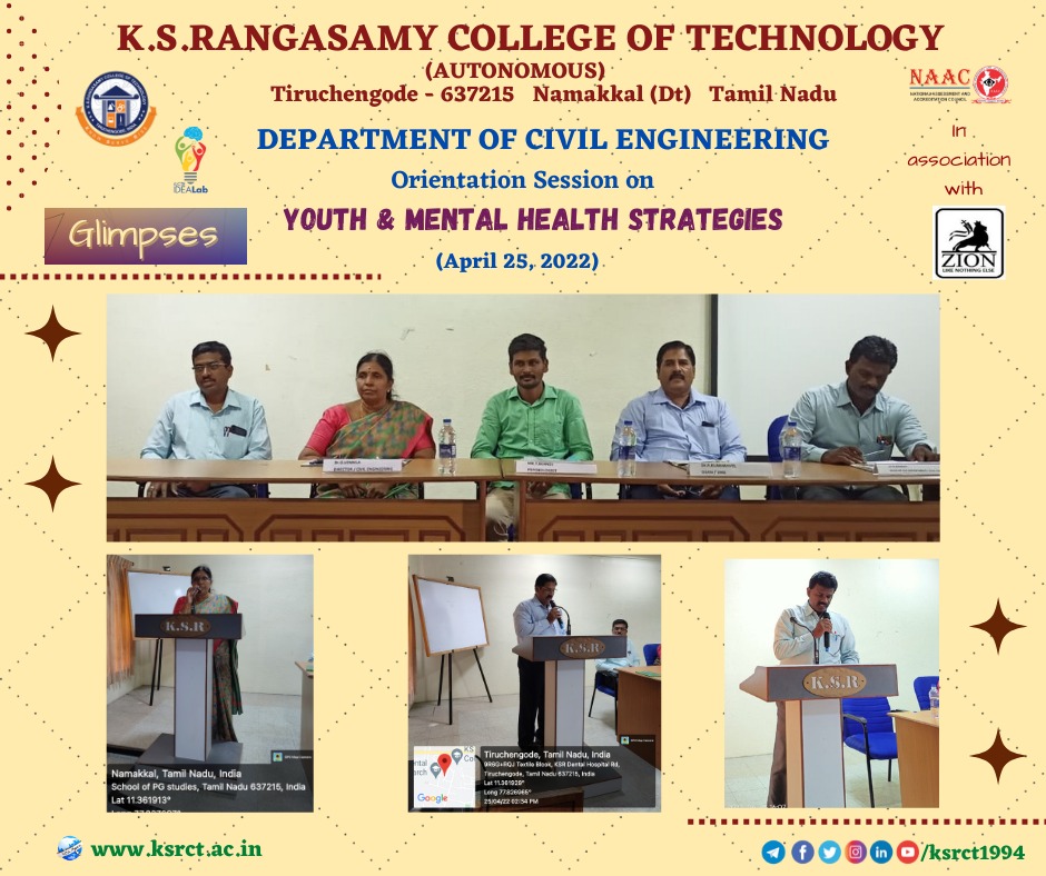 ksrct1994's tweet photo. Glimpses !

Department of Civil Engineering at K.S.Rangasamy College of Technology have organised orientation session on Youth and Mental Health Strategies during April 25, 2022. https://t.co/VwbwAiYIuH