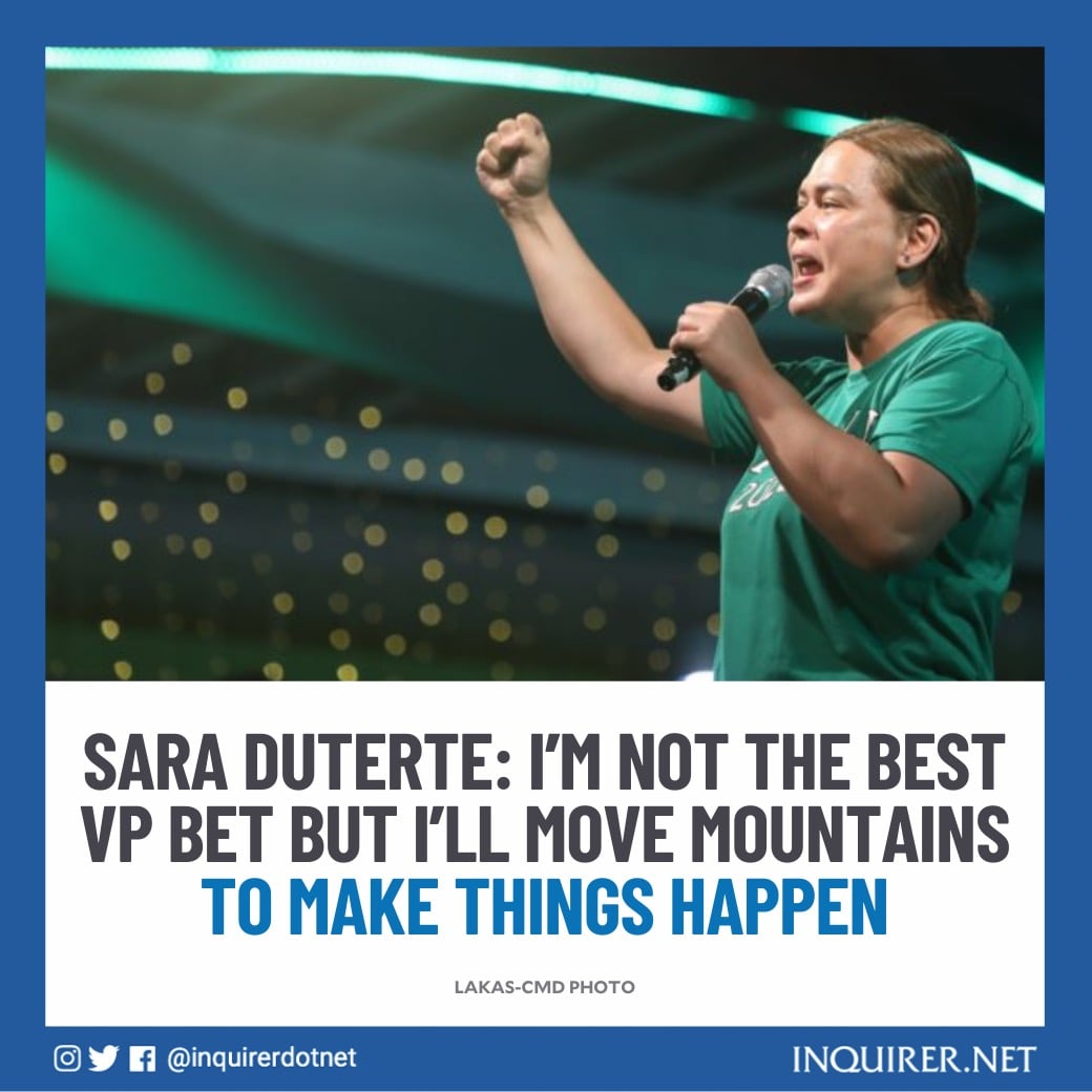 She is not only humble and unassuming but determined. That's why my support for Sara Duterte is SOLID! 
She is the future. But BBM is the present. 
Botohan na.. 
Be vigilant mga Ka-Bansa at sama sama tayo na Mahalin ang Pilipinas! 

I am PROUD, she is my VP 
👊✌️💚❤️