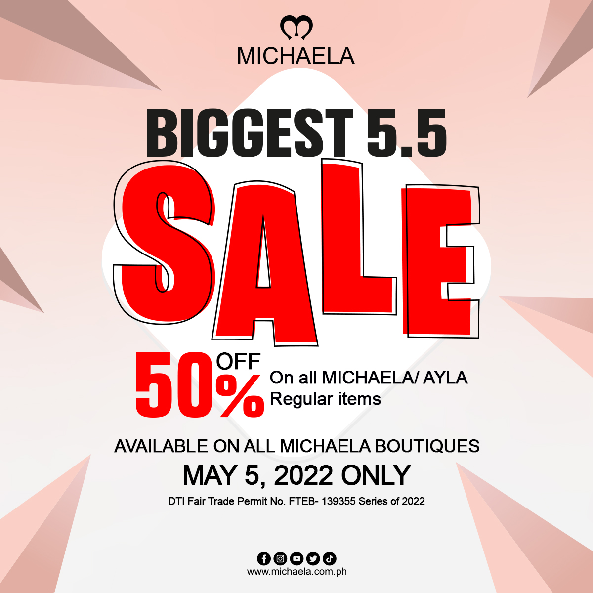 _michaela_ph's tweet photo. The much-anticipated Biggest 5.5 Sale is finally here. Visit any MICHAELA boutique near you to get 50% off on all regular items on May 5, 2022 only. Shop now and take advantage of the MICHAELA 5.5 SALE!🥰😘❤
#michaela16th
#iLoveMICHAELA
#michaela
#michaela2022
#MICHAELAMay https://t.co/LYeGl9bkS2