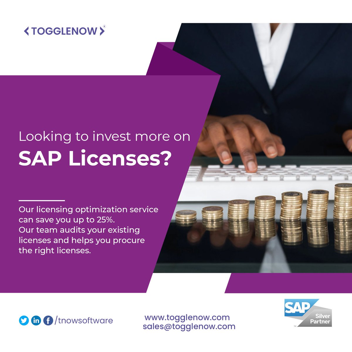 TNowSoftware's tweet photo. Do you know how much money your company could be saving on SAP Licenses? Learn how our Licensing Optimization Services help you save up to 25%. Our team audits your existing licenses and helps you get the right licenses, at the right time. Schedule a call with our SAP SMEs today. https://t.co/ugenN4MkR8