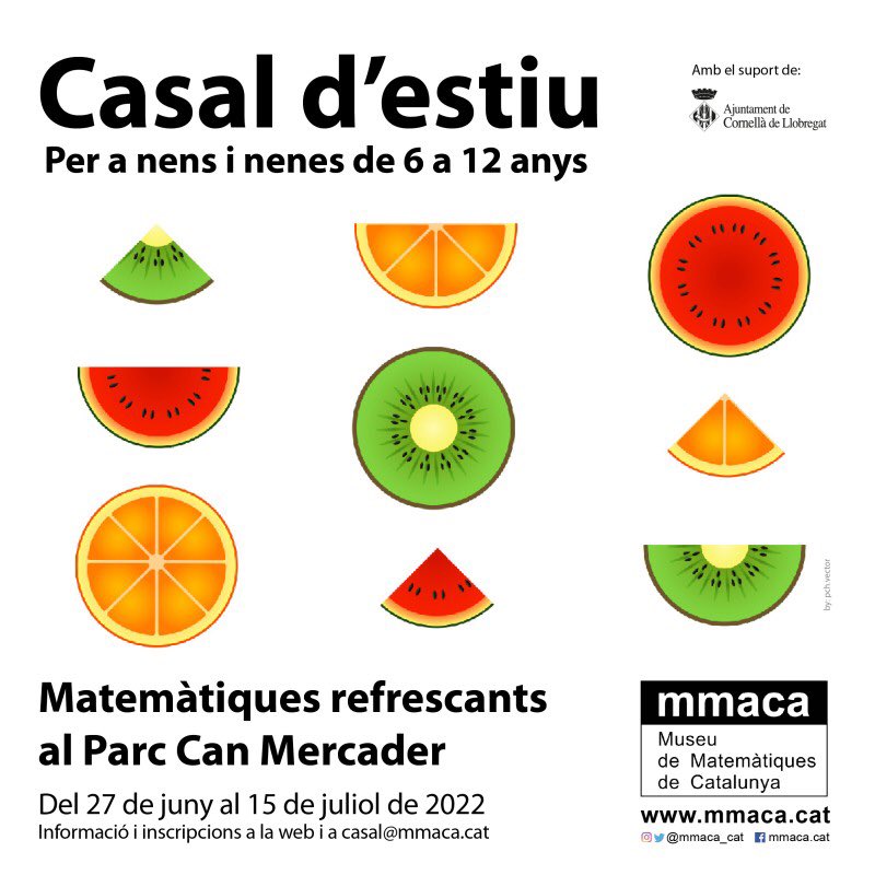MMACA_cat's tweet photo. Casal d'estiu del MMACA 2022 per a nens i nenes de 6 a 12 anys: del 27 de juny al 15 de juliol: Matemàtiques refrescants al Parc de Can Mercader
Info i inscripcions a
https://t.co/JksVCM6B88 https://t.co/LUoOFXzYnd
