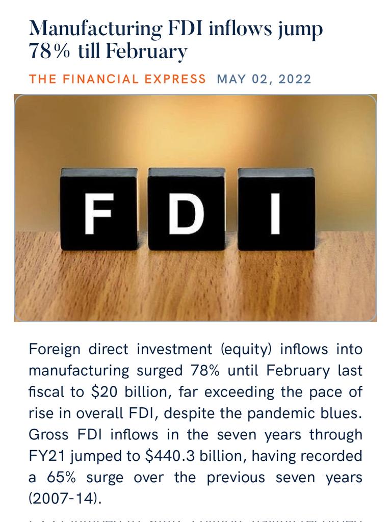 zahidpatka's tweet photo. #7YearsOfSeva Kudos PM @narendramodi Ji Govt #EaseInGovernance #AtmaNirbharBharat, #MakeInIndia #MakeForWorld #PLI Scheme & Libersation of FDI regime
Manufacturing FDI inflows jump 78% till February last fiscal to $20 billion.
https://t.co/lANRmpw7p6
@PMOIndia https://t.co/J3Iq3dEauj