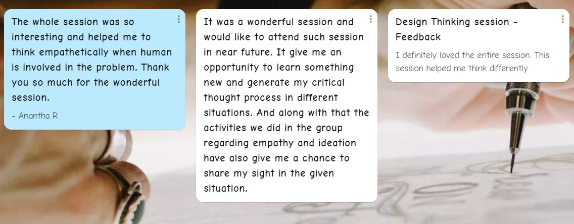 SkillWyzeGlobal's tweet photo. For some it was a new concept &amp; for others knowingly or unknowingly they had applied it during their personal or professional journey.
We are pleased to receive the #designthinking session feed-forward from our attendees.
#upcoming #designthinkingcourse #StayTuned https://t.co/85Rk7ICnqz