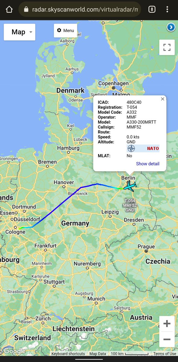 scan_sky's tweet photo. MMF/NATO - A330-200 MRTT - T-054 - #MMF52

Departed From Cologne Bonn Airport 🇩🇪 &amp; Routed To Berlin Schönefield Airport 🇩🇪

Should Be Shortly Heading To Neubrandenburg Airport 🇩🇪. https://t.co/bKW3Nf4eYp