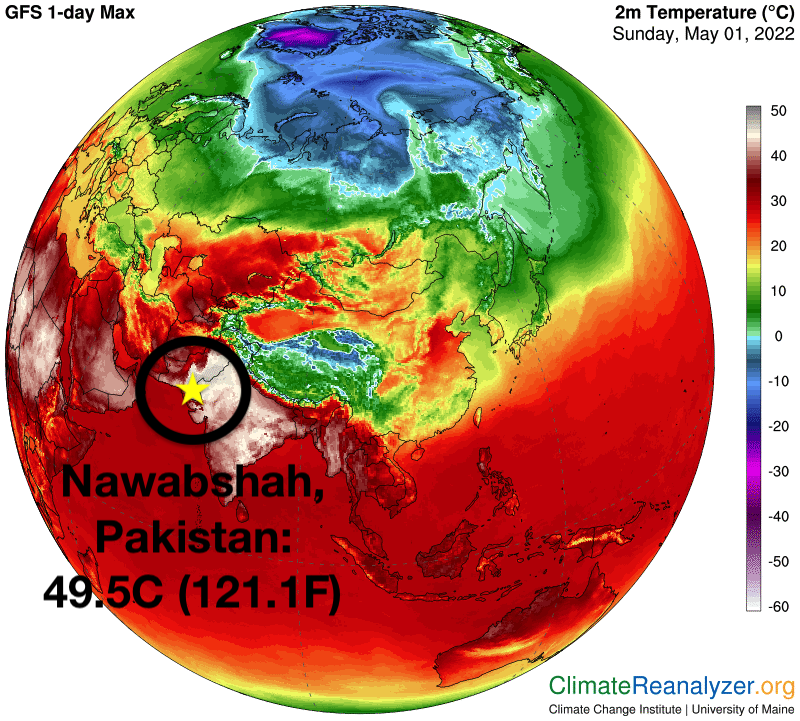 The record-breaking heatwave in #India and #Pakistan seems like it will never end.

Pakistan topped at a searing 49.5C (121.1F) today. 

That's the hottest temperature observed anywhere in the Northern Hemisphere in 2022.
