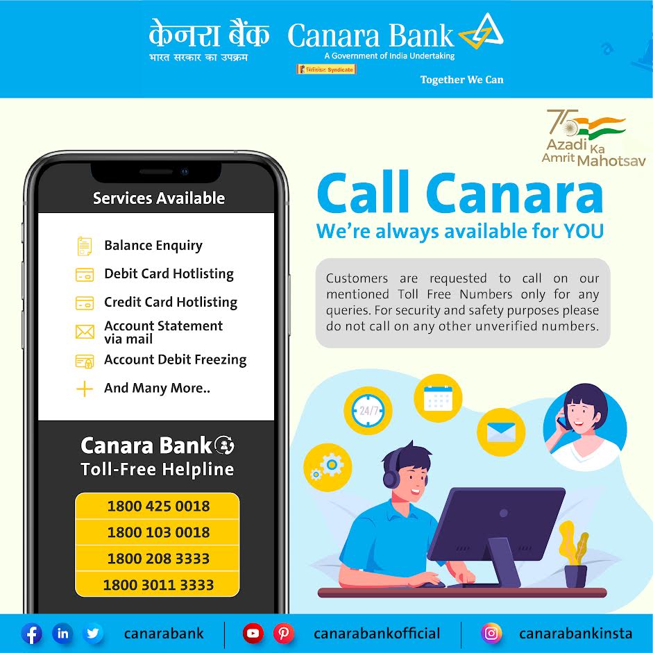Canara Bank on X: &ldquo;Quick support is one call away! Call us on our 