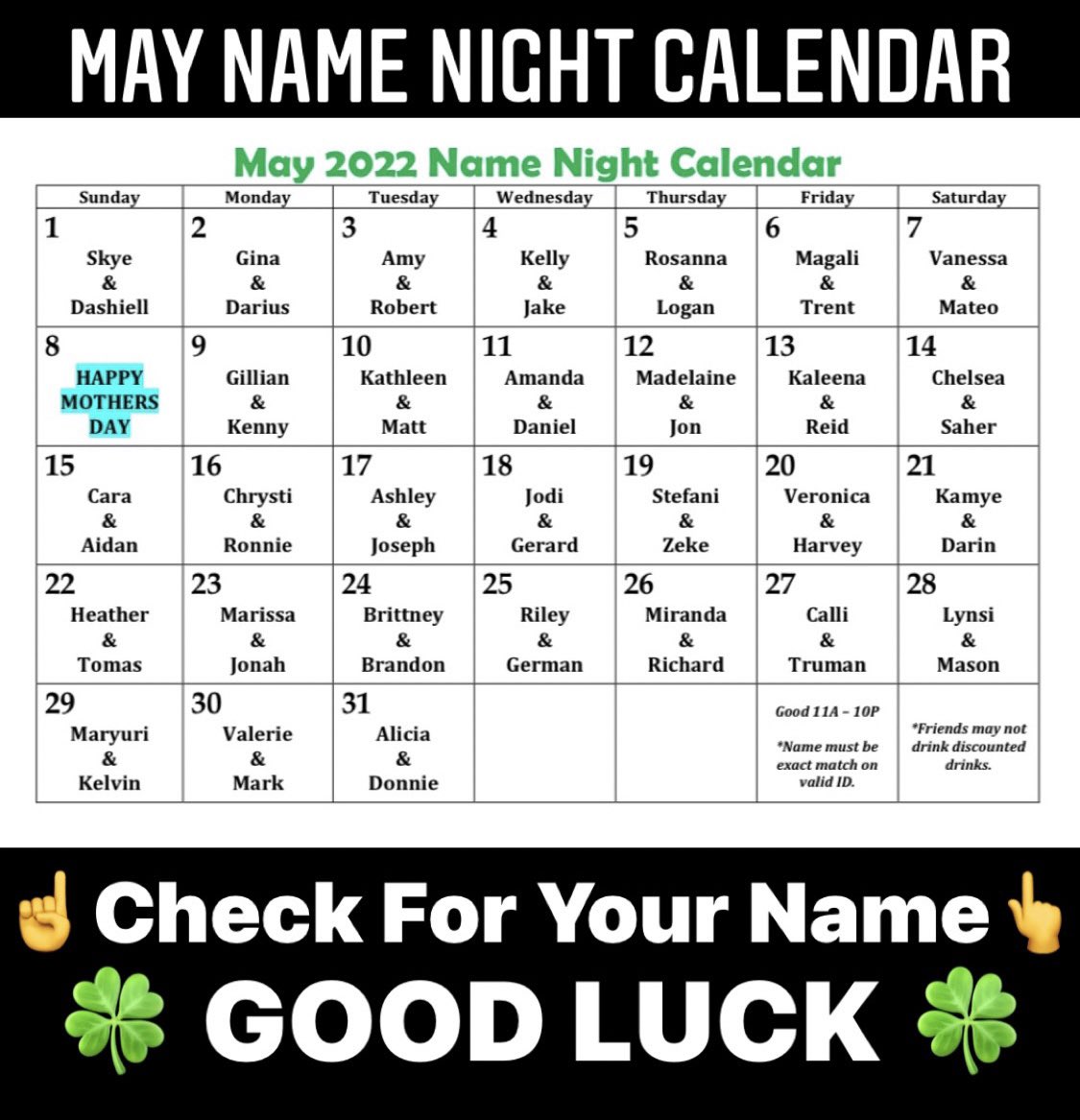 TheGoosesAcre1's tweet photo. Feeling LUCKY? 🍀
#Drinks & #Drafts
@TheGoosesAcre1
$.25 #WellDrinks🥃
10oz #Domestics🍺
If your name appears on
our #NameNight calendar
Name must be an exact match
w/your 21+ valid ID/Passport
Only named party is eligible
Good only on the date name is listed from 11AM-10PM https://t.co/ZovLIen4Ns