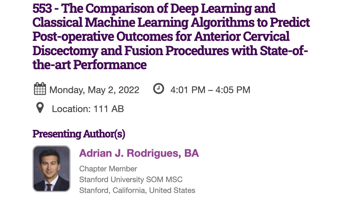 ⭐ More #AANS2022 talks from our <a href="/StanfordMed/">Stanford Medicine</a> students and <a href="/StanfordNsurg/">Stanford Neurosurgery</a> team on Monday, May 2: Dr. Benjamin Yim, <a href="/michael_c_jin/">Michael Jin</a>, Dr. Michael Zhang, <a href="/ARodrigues121/">Adrian Rodrigues, MD</a> ⭐