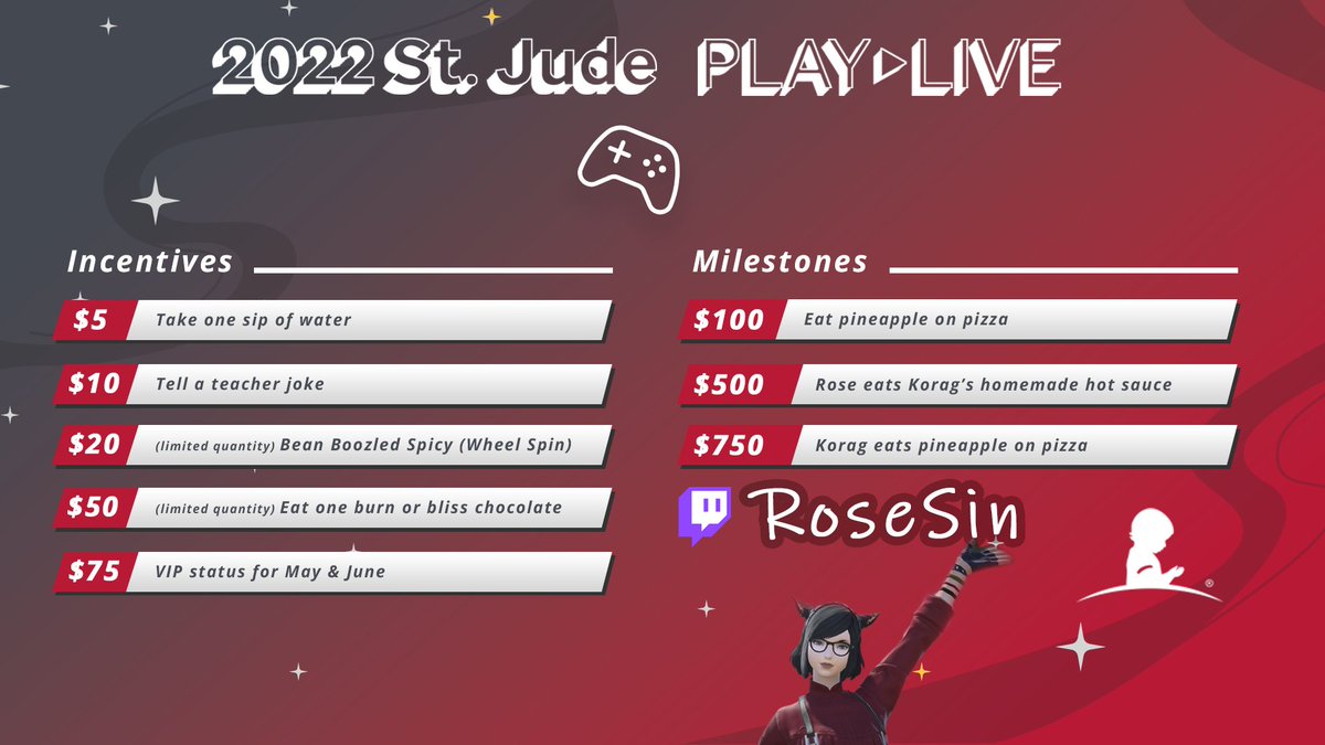 R0seSin's tweet photo. First '22 St. Jude charity stream! Doing FFXIV dailies and stuff.
https://t.co/BbESSfpZym
https://t.co/duOQaYGjlf
#StJudeAmbassador #StJudePLAYLIVE #gcxstreamteam https://t.co/p2mFcmFZkG