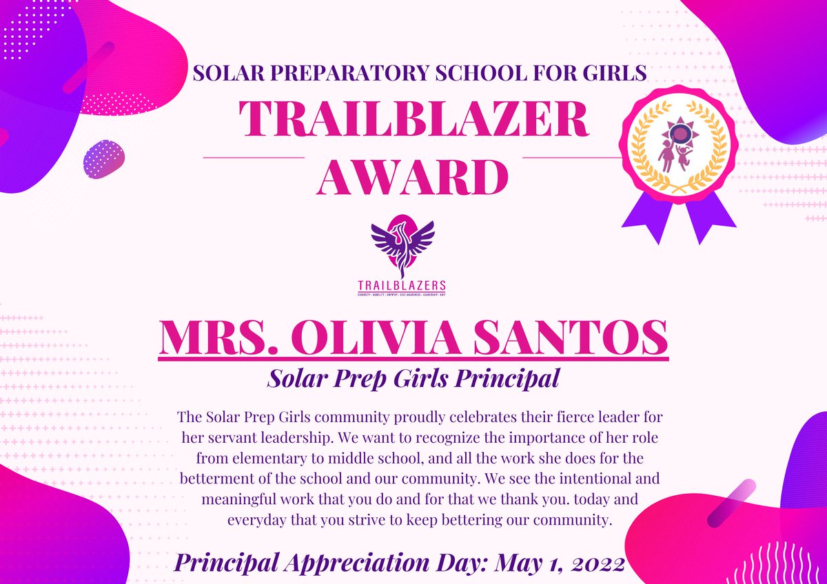 SolarSTEAMGirls's tweet photo. Happy National School Principal’s Day to our fierce leader, Mrs. Olivia Santos! 🥳Thank you your innovative leadership and your courageous spirit. We are grateful for your giving heart and courageous actions. THANK YOU & WE LOVE YOU! ♥️ #SolarGirl #PrincipalsDay2022 @livmsantos https://t.co/T6KxJD5dHK