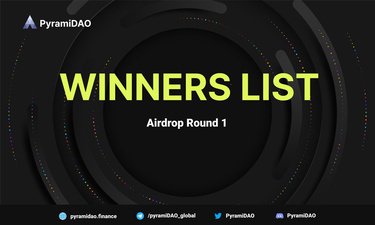 🔔 Announcement - Winners list of Airdrop Round 1 ⭐️If your wallet address is on the list, you will be able to claim allocation of airdrop round 1. 👉Winners list: app.pyramidao.finance/airdrop/pyra-w… 👉Airdrop claim (coming soon): app.pyramidao.finance/claim #Autostaking #Move2Earn #M2E