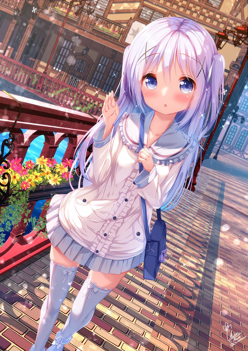 kafuu chino 1girl thighhighs solo long hair skirt blue eyes bag  illustration images