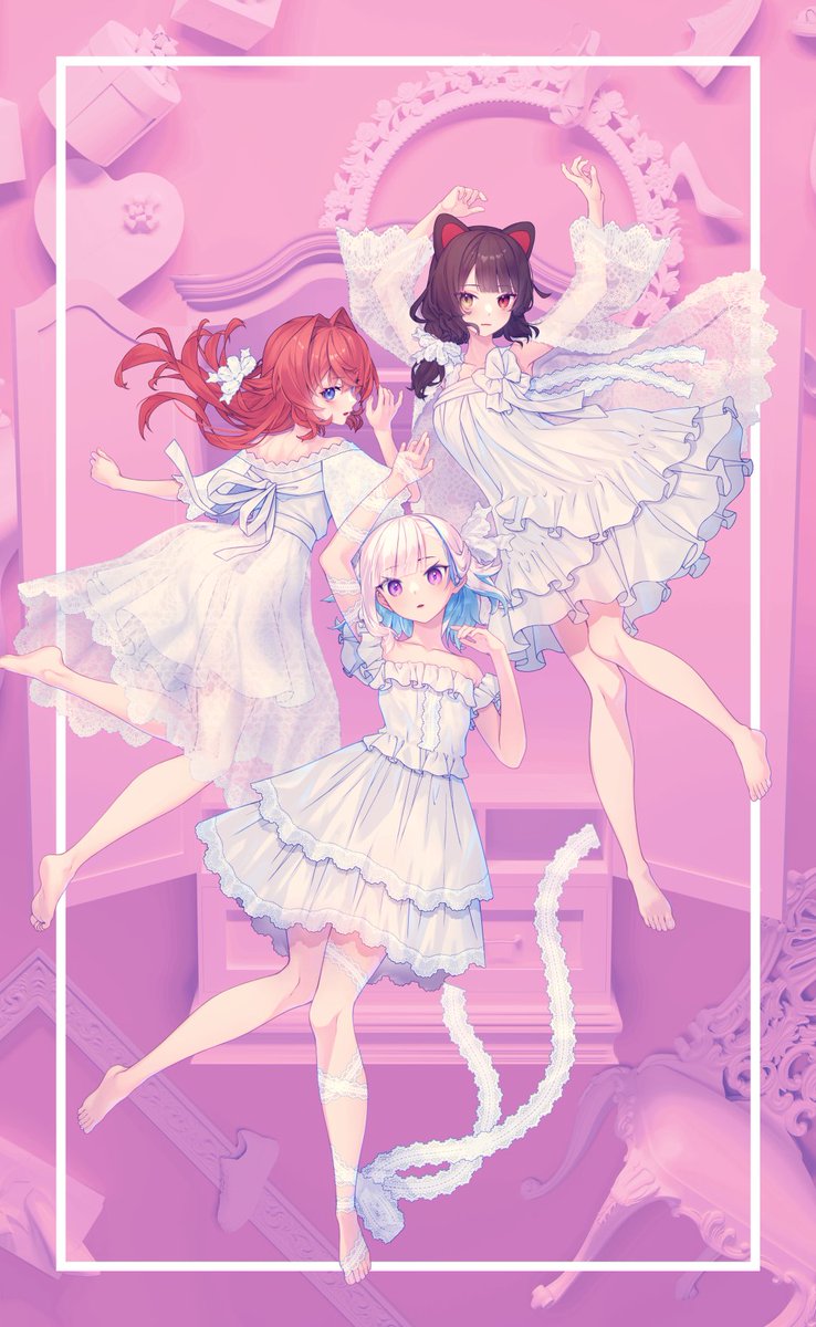 ange katrina ,inui toko ,lize helesta 3girls multiple girls dress white hair white dress animal ears barefoot  illustration images