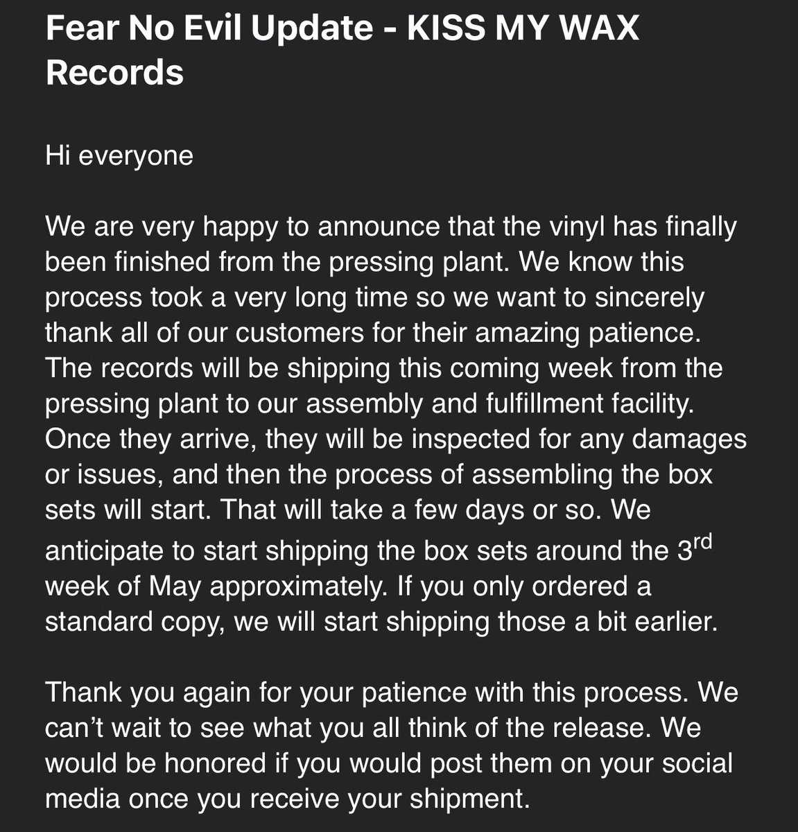 See text 😁 This message was also sent to customer’s email and posted on Instagram and FB.