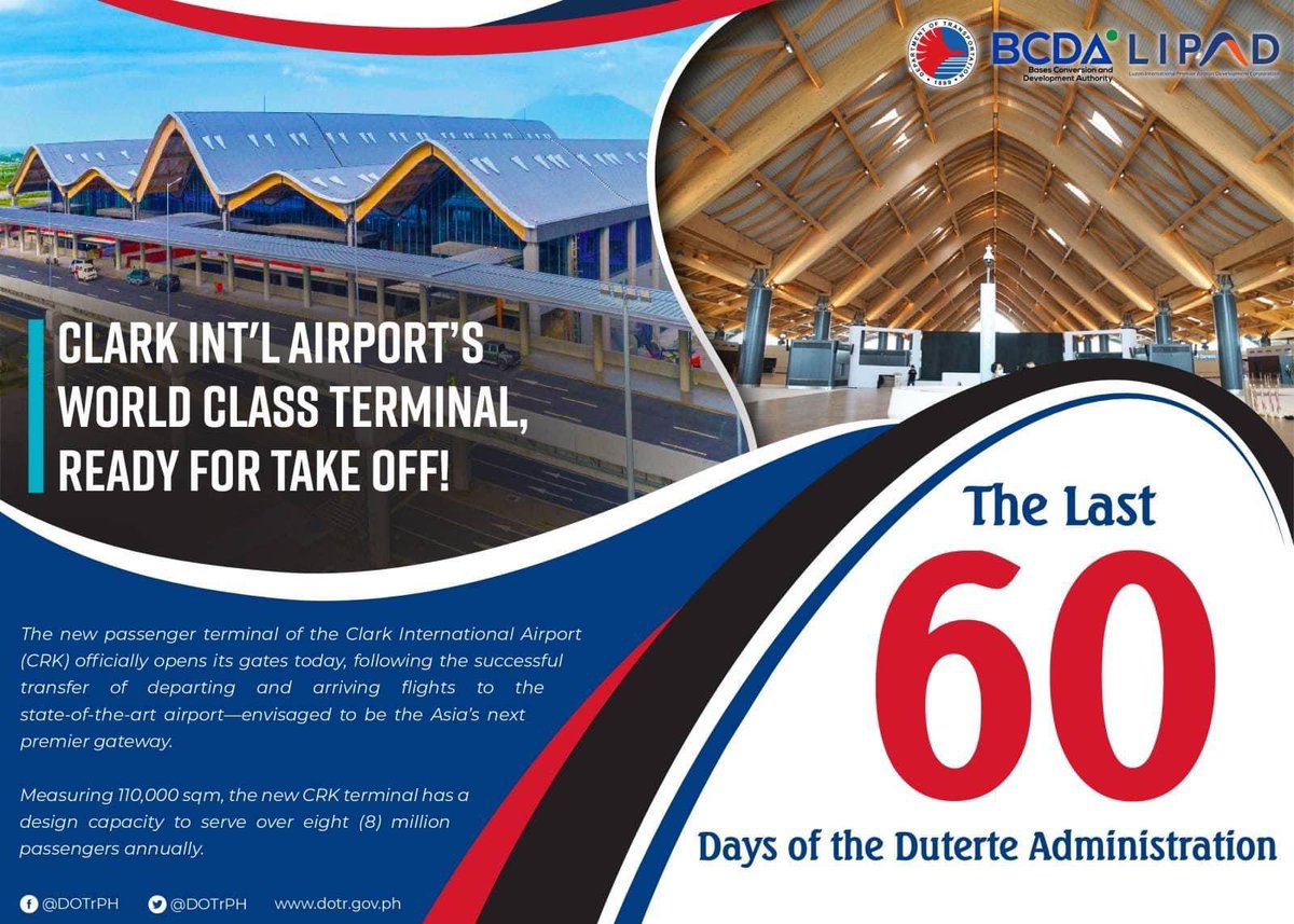 “THE LAST 60 DAYS of the Duterte Administration: 

The new passenger terminal building of Clark International Airport (CRK) is set to open soon.”

#DuterteLegacy 
#DOTrPH🇵🇭 #ClarkInternationalAirport #BCDA #LIPAD #BUILDBUILDBUILD #ComfortableLifeForAll