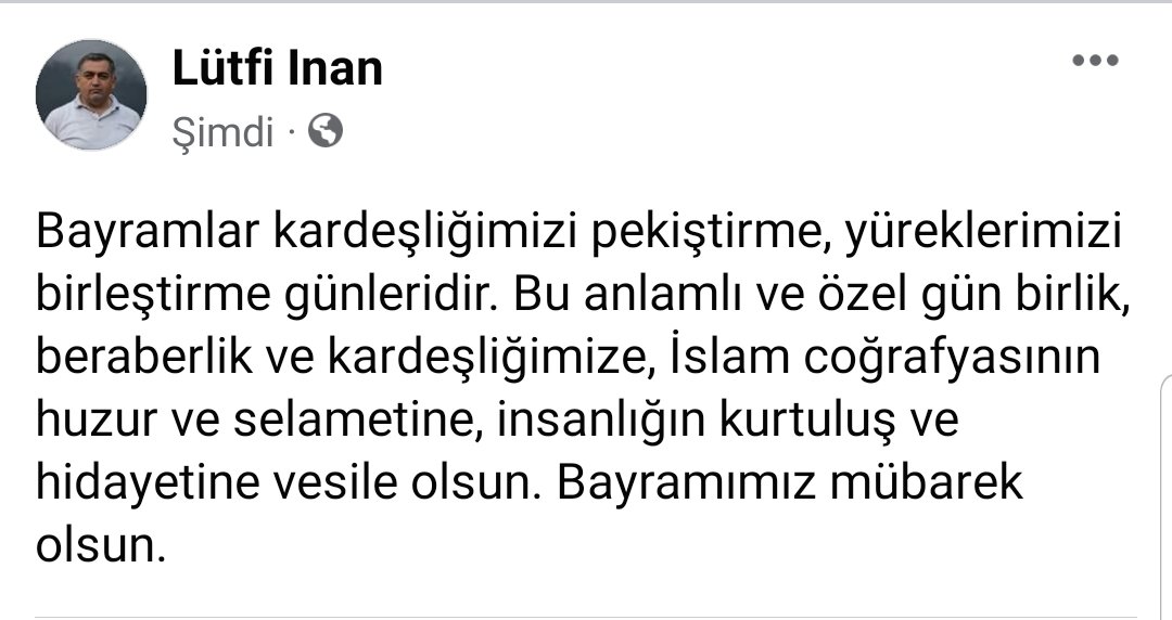 Bayramlar kardeşliğimizi pekiştirme, yüreklerimizi birleştirme günleridir. Bu anlamlı ve özel gün birlik, beraberlik ve kardeşliğimize, İslam coğrafyasının huzur ve selametine, insanlığın kurtuluş ve hidayetine vesile olsun. Bayramımız mübarek olsun.