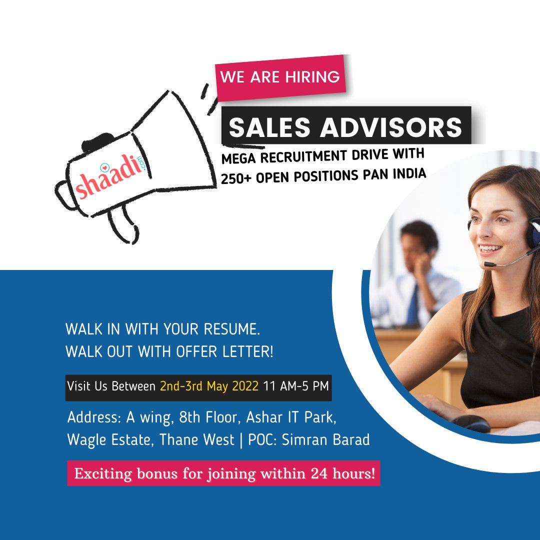 ShaadiAtWork's tweet photo. Mega Walk-In Drive | https://t.co/9xncWqyM43 | Thane | 2nd-3rd May 2022 11 am-5 pm | Sales Advisor | Apply here:
https://t.co/MIjROOE3r1
#Thane #mumbaijobs #salesadvisor #sales #telesales #Productadvisor #shaadidotcom #wearehiring #jobopportunities https://t.co/VcrcI1sKmh
