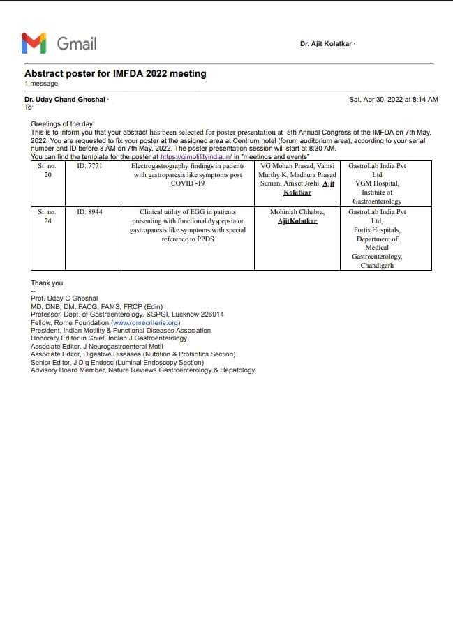ajitkolatkar's tweet photo. Excited to share news of selection of our #abstracts for poster presentation on #electrogastrography at the 5th Annual IMFDA congress at #SGPGI Lucknow. 
Posters on EGG findings in #COVID19 which probably is a world's first and on  #gastroparesis #dyspepsia 

#GIMOTILITY https://t.co/LzvQGwVbKU