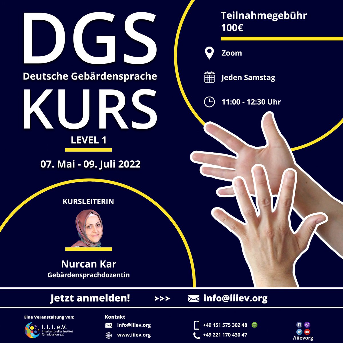 dimaevorg's tweet photo. Gebärdensprachkurs: Unsere Gebärdensprachdozentin Nurcan Kar wird den Kurs jeden Samstag von 11-12:30 Uhr mit 10 Kurseinheiten über Zoom leiten. Die Teilnahmegebühr beträgt 100€. Der Kurszeitraum ist vom 07. Mai - 09. Juli 2021. Melde dich jetzt an! https://t.co/ZkWdrMKlhD
