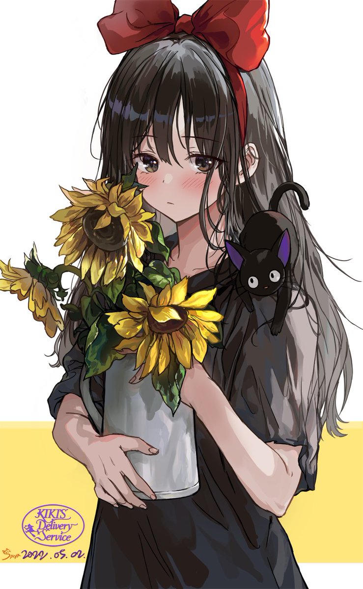 kiki (majo no takkyuubin) 1girl flower cat long hair sunflower black hair black cat  illustration images