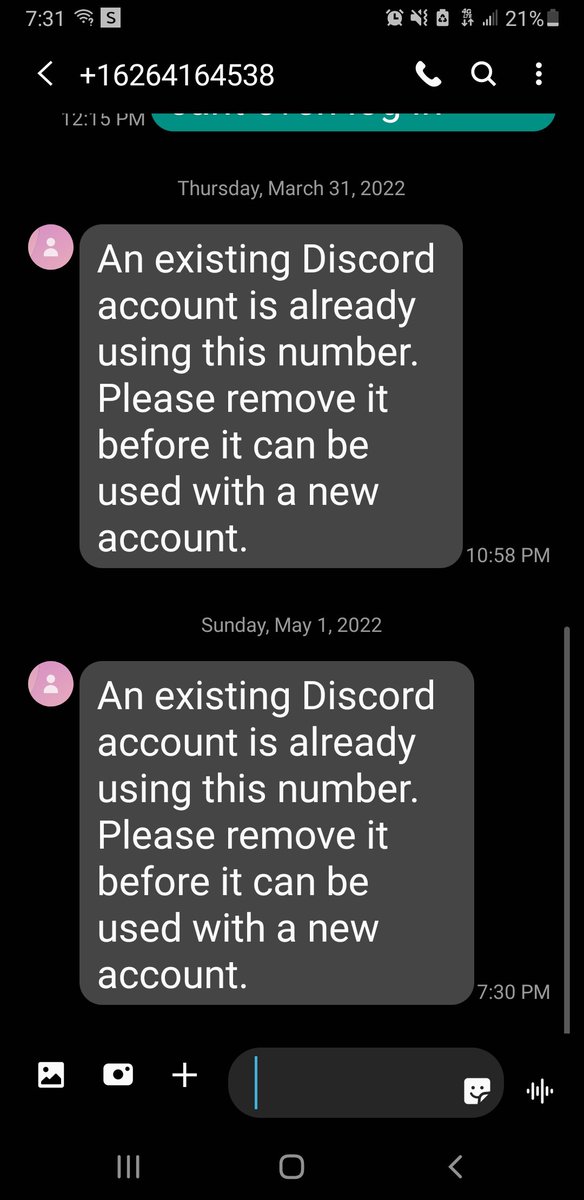 Kcbrooks76Kelly's tweet photo. @discord I can get my messages I cant register. It tells me I am not then when I try to register my number this comes back https://t.co/OtKJBGaIwV