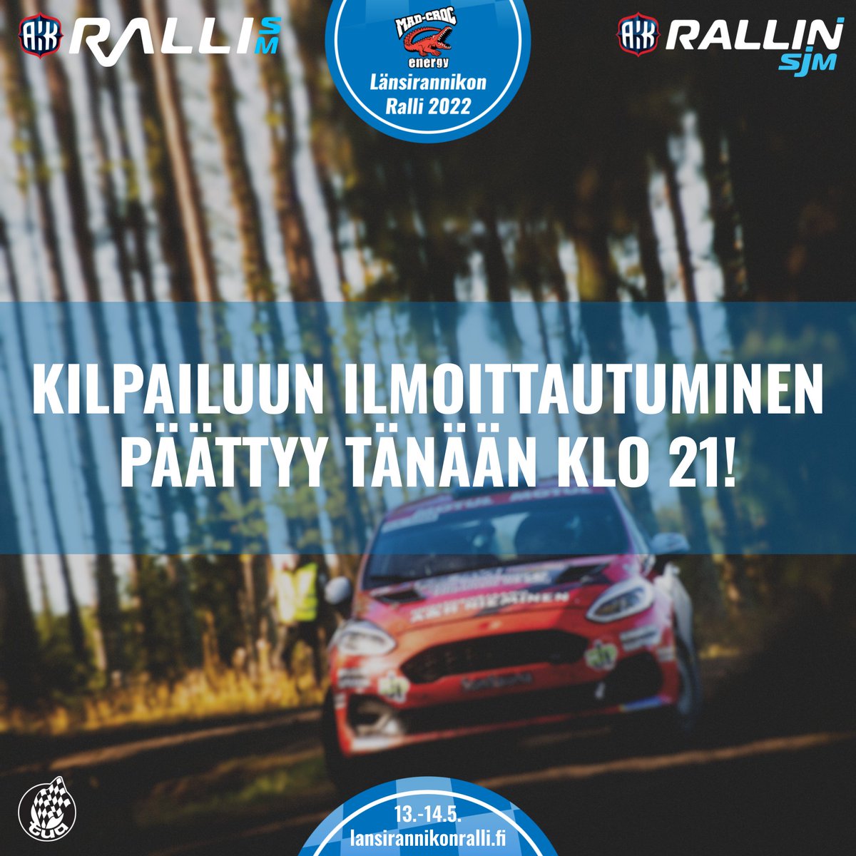 Huomio kilpailemaan mielivät! SM Mad-Croc Länsirannikon Rallin ilmoittautuminen päättyy TÄNÄÄN klo 21:00 KITI-palvelussa 👉 bit.ly/3raIixd

#RalliSM #RSJM #LänsirannikonRalli #MadCroc <a href="/RalliSM/">Ralli SM</a>