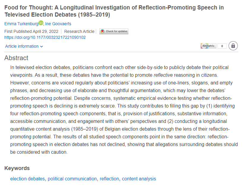PolStudies's tweet photo. Has reflection-promoting speech in election debates declined with time? @turkenburgemma & @IneGoovaerts argue 'no' in their @PolStudies article: https://t.co/VS5cIE9tvD
#ECRs @PolStudiesAssoc @SAGECQPolitics #polsci #elections https://t.co/7r1w93RAqh