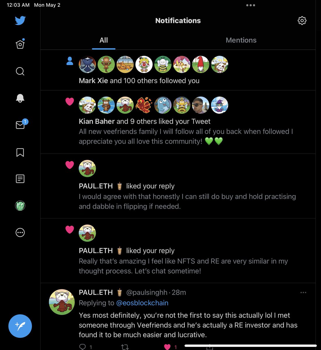 eosblockchain's tweet image. Followed and was followed so many people from the @veefriends community Twitter told me to chill haha! Crazy tight community love the Vee fam! 💚🦏