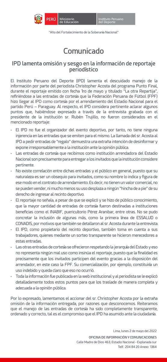ipdperu's tweet photo. COMUNICADO
IPD LAMENTA OMISIÓN Y SESGO EN LA INFORMACIÓN DE REPORTAJE PERIODÍSTICO: https://t.co/FklQC0Y3tW
