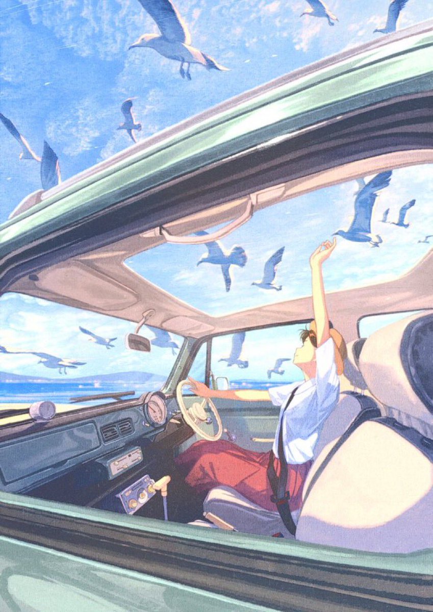 1girl bird solo outdoors skirt shirt sky  illustration images