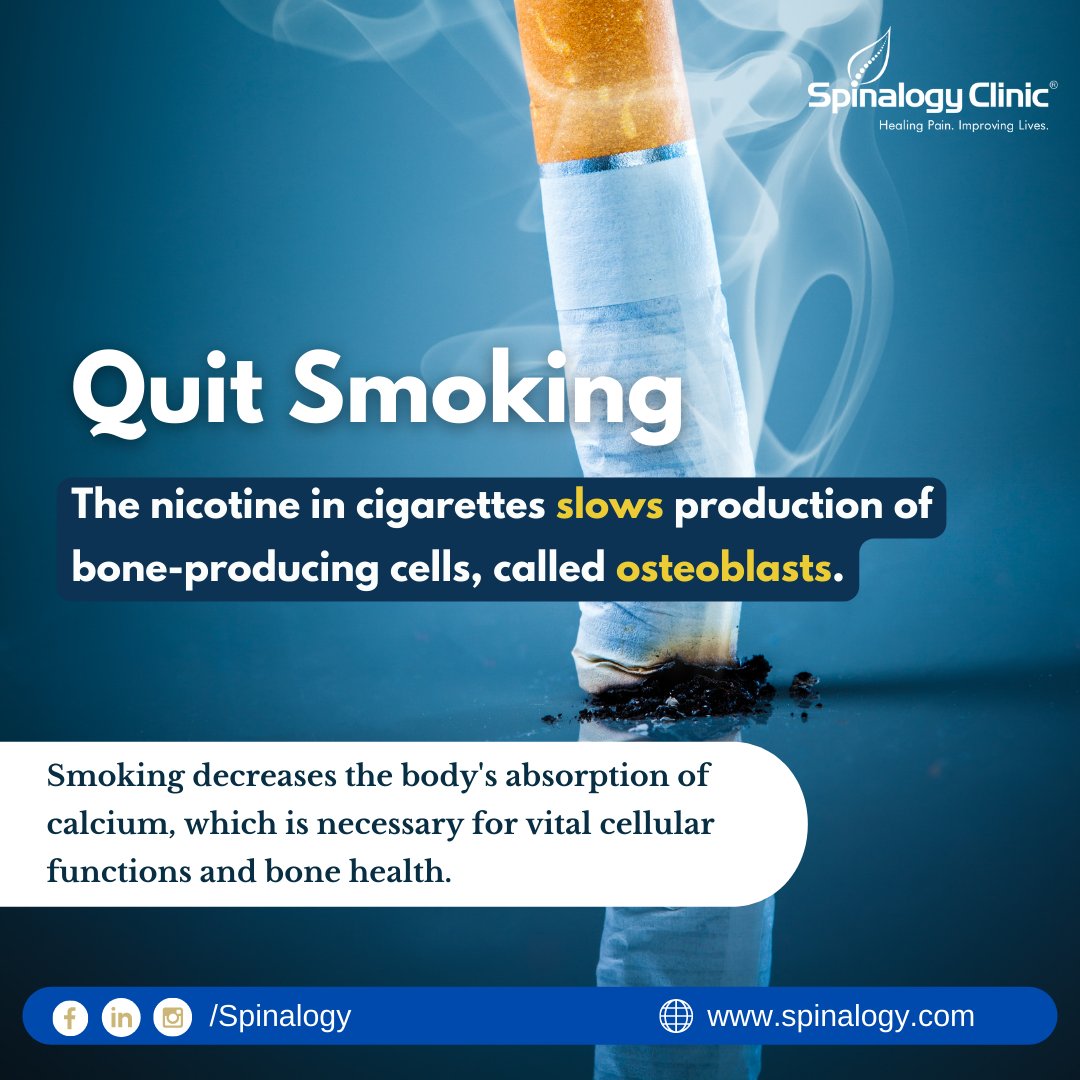 spinalogy's tweet photo. 𝐐𝐮𝐢𝐭 𝐒𝐦𝐨𝐤𝐢𝐧𝐠!
The nicotine in cigarettes slows production of bone-producing cells, called osteoblasts.
Smoking decreases the body's absorption of calcium, which is necessary for vital cellular functions and bone health.
#Spinalogy #SpinalogyClinic #quitesmoking https://t.co/fES9RLnBOc
