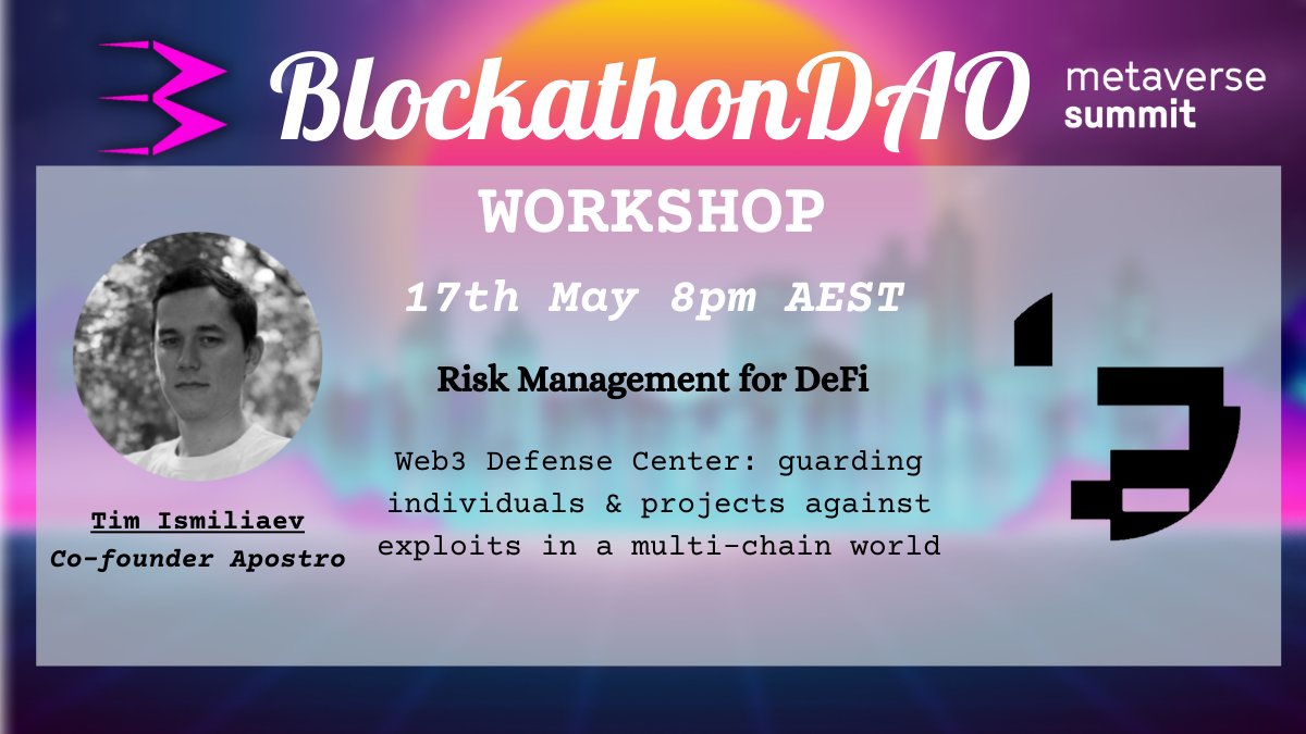 Blockathon_DAO's tweet image. We have many workshops booked for all #koala hackers🐨in the upcoming #Metaverse #Blockathon 
May 9th - June 8th 🌱

Our first [Workshop 1]: Risk Management for DeFi💰
May 17th 8pm AEST

by co-founder @aestimi from @apostroxyz 

tune in on our discord ⋙ bit.ly/3ktbmMD