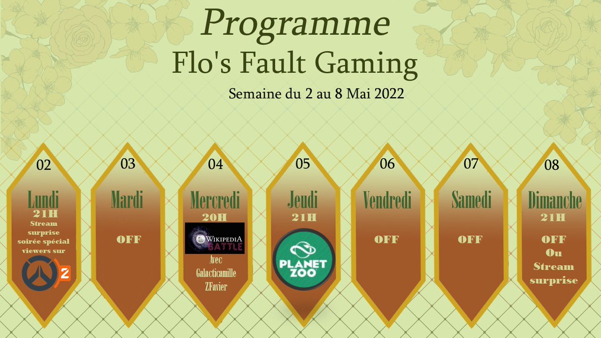 florilegedeflo's tweet photo. Programme 2 au 8 mai de la semaine avec 2 évènements :
Lundi 21h : Soirée spécial viewers sur #Overwatch2
Mercredi 20h : #WikipediaBattle avec @galacticamille @ZFavier
Jeudi 21h : #PlanetZoo on continue l'ile du parc des Wetlands
https://t.co/J67giWHLsk https://t.co/H6HzEHWx6z