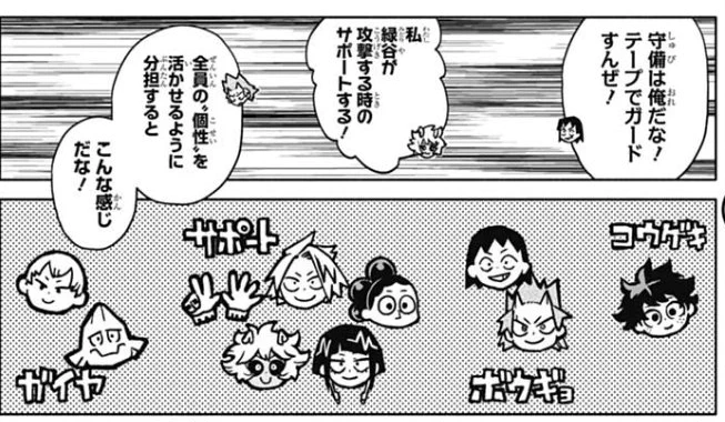 Sero will defend with tape. Mina will support Deku when he attacks.  if we divide the work so that everyone's quirks can be used it'd be like this...OUTFIELD - SUPPORT - DEFENSE - ATTACK 