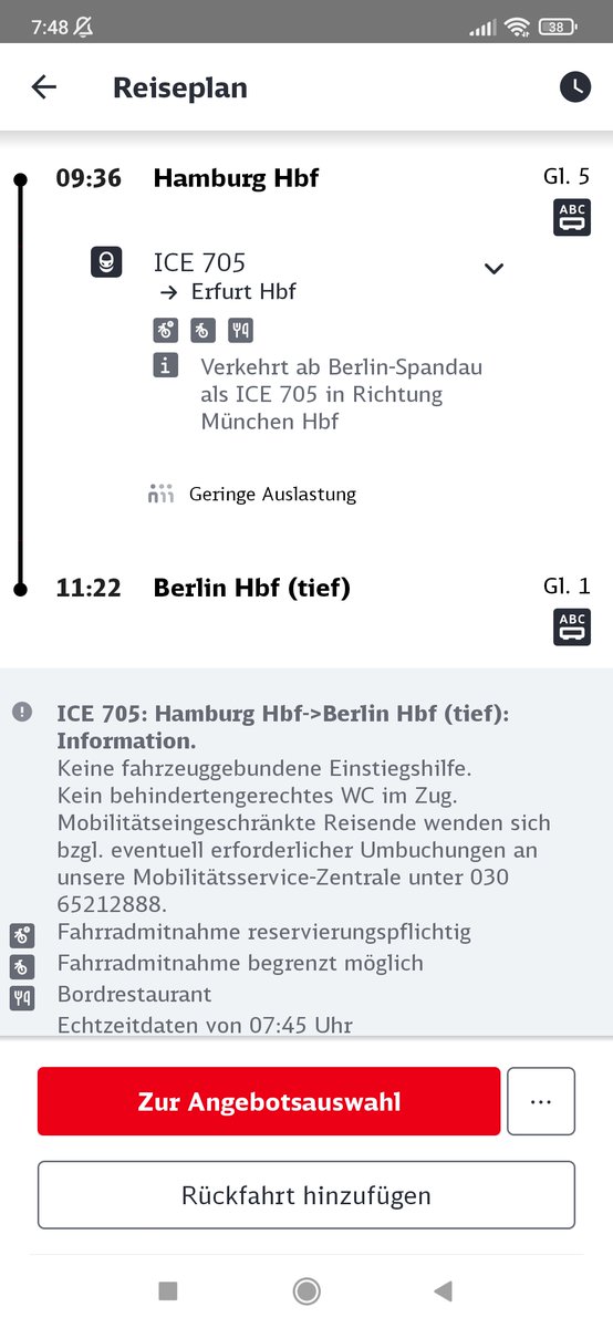 Hmm... die Bahn will mich auf 9:36 Uhr umbuchen, weil geplante Verbindung kein Wagen mit WC hat. Jetzt schaue ich in den DB Navigator und sehe: auch die neue vorgeschlagene Verbindung fährt ohne Klo. Da bin ich mal gespannt! <a href="/refundrebel_EU/">refundrebel</a> <a href="/BBMB_bund/">Behindertenbeauftragter der Bundesregierung</a>