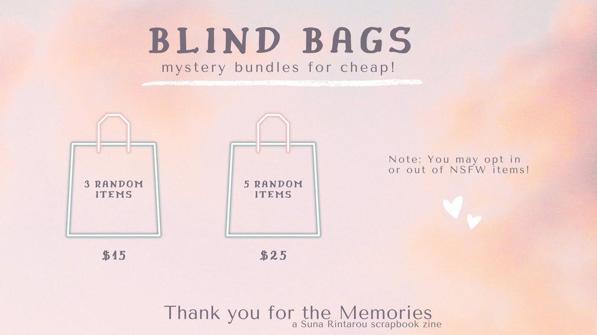 SunaZine's tweet photo. With only 8 days left of aftersales, we've added some Mystery Bags to our store!

Can't make up your mind on what to buy and like a good deal? Get 3 random items for $15, or 5 for $25!

All blind bags will have a mix of hard and paper merch items.

🛒 https://t.co/WxBnkrtwEs https://t.co/YQrHyIlmYx