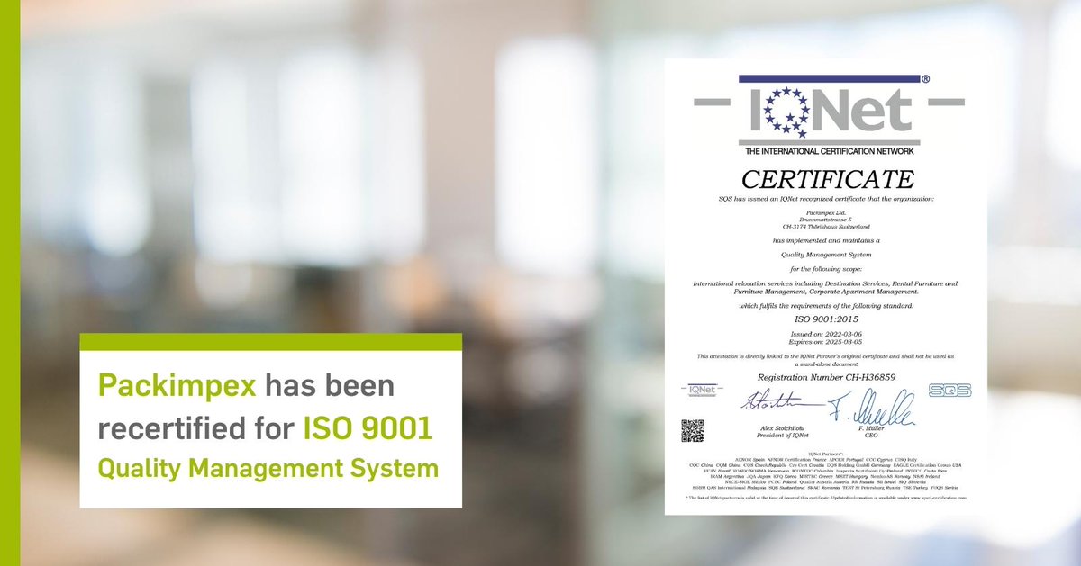 PackimpexSA's tweet photo. 🏆  It’s official: our offices in Switzerland got recertified for Quality Management System (also known as ISO 9001). 

More than a recognition we get every 5 years, this certification means:
🌟  We hold ourselves accountable for meeting and exceeding customers’ expectations. https://t.co/B8Zp9sgVnT