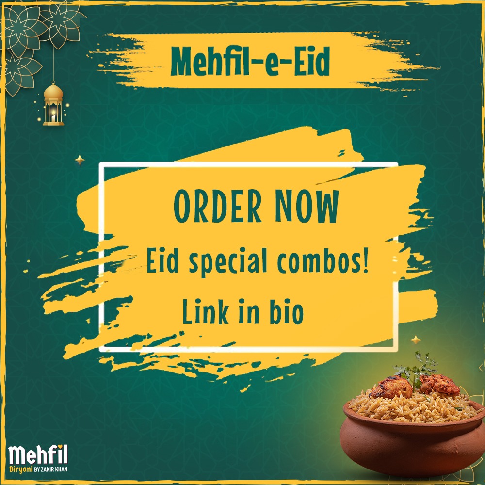 Eid ke mauke par bhej rahein hain pyaar,
Mehfil Biryani apke liye laaya hai Combo-e-Bahaar!
#BiryaniMubarak #EidMubarak2022