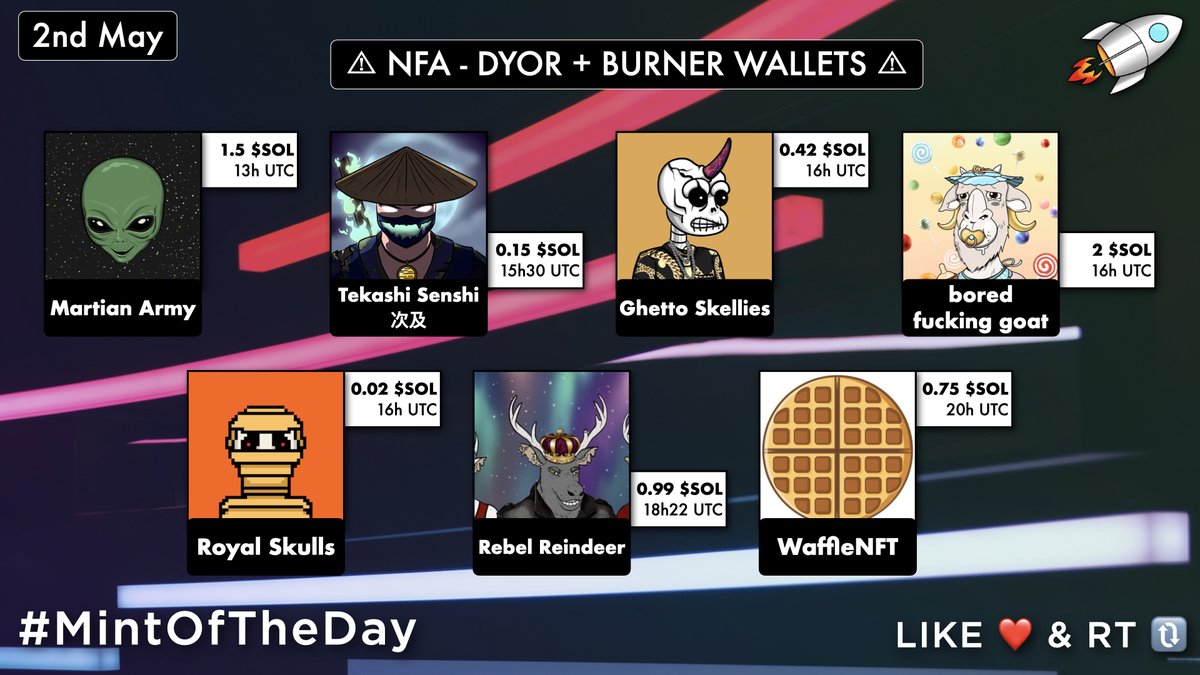 MintOfTheDay's tweet image. 🔥 Today's #SolanaNFTs Mints 🔥

13UTC・@_martianarmy_・1.5 $SOL
15:30UTC・@Tekashi_Senshi・0.15 $SOL
16UTC・@ghettoskellies・0.42 $SOL
16UTC・@bfgoatnft・2 $SOL
16UTC・@royal_skulls・0.02 $SOL
18:22UTC・@rebelreindeer_・0.99 $SOL
20UTC・@WaffleNft・0.75 $SOL

#MintOfTheDay 🚀