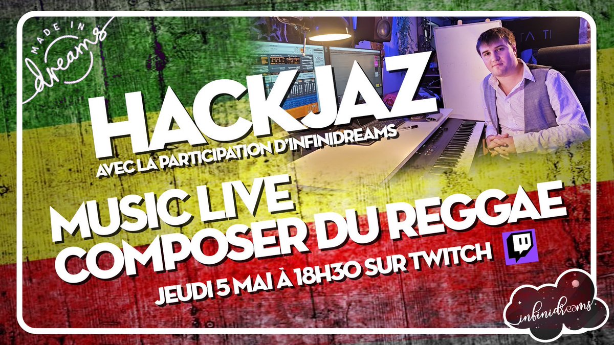 Jeudi 5 Mai, on retrouve <a href="/Hackjaz_music/">AGstudios (hackjaz)</a> &amp; <a href="/103Patof/">Patof-103 🌈</a> autour d'un live "Création Musicale". Une musique Reggae pour le #Dreamsfest22 ! 
A suivre sur Twitch : twitch.tv/hackjaz

#madeindreams #DreamsPS4 #DreamsPS5