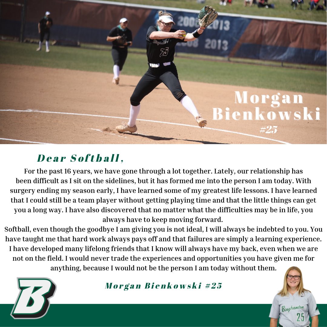 BinghamtonSOFT's tweet image. Graduating senior Morgan Bienkowski reflects on what the sport of softball has meant to her. #BingPride #AESB
