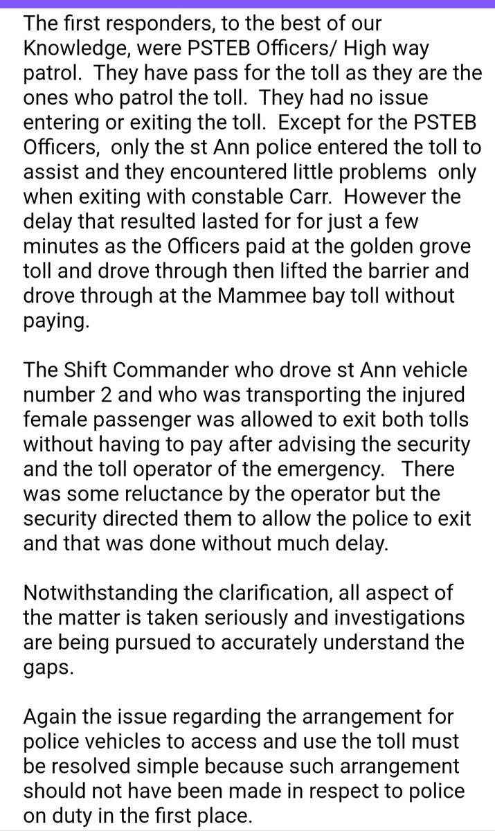 AbkaFitzHenley's tweet photo. #UPDATE: JCF's Welfare Director, DSP Raymond Wilson, has told his colleagues that contrary to voice notes published in the media, it is not true that Police 1st responders were denied access to the toll as they moved to rescue a Constable who died following a car crash. https://t.co/IJunGFSOXr