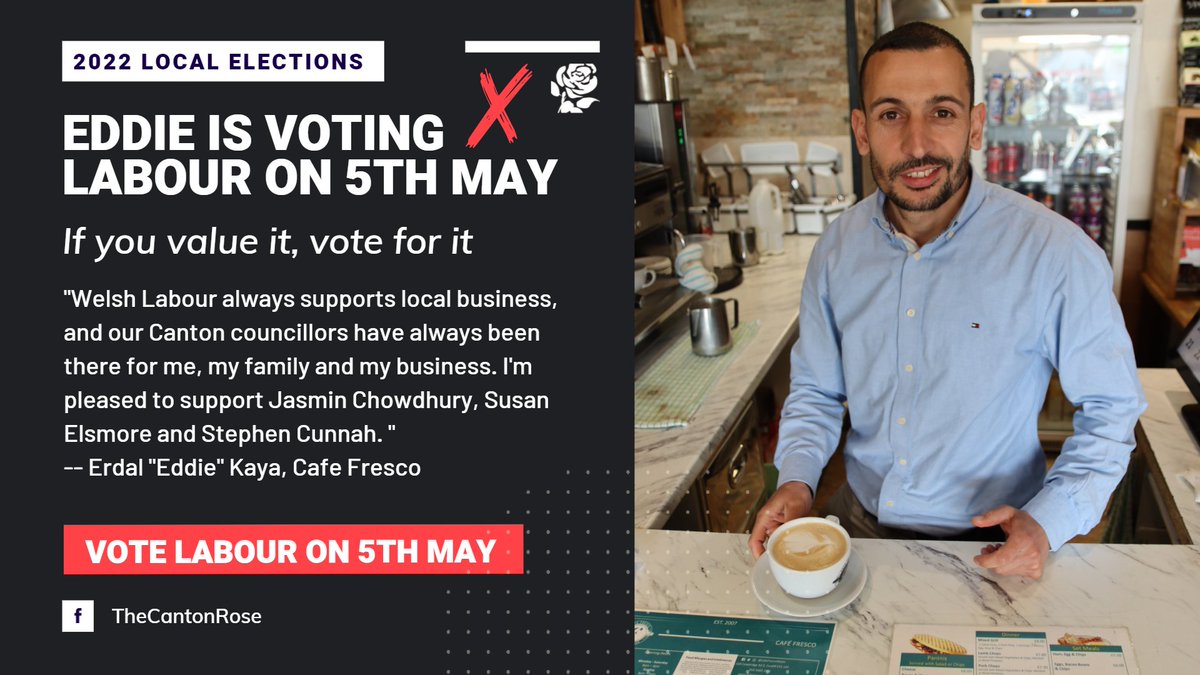 CantonLabour's tweet photo. ***Eddie is Voting Labour on 5th May in Canton***

Residents and Businesses across Canton endorse Jasmin, Susan, and Stephen on 5th May to continue investing in our local businesses, schools, highways, community safety and safe routes, and green spaces. https://t.co/KOt33yw9aM