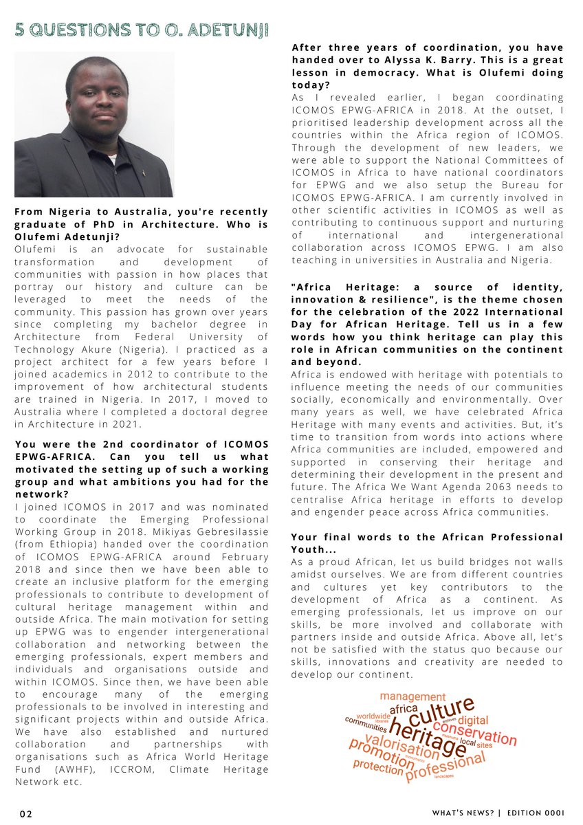 IcomosEpwgAfr's tweet photo. The #ICOMOS Emerging Professionals Working Group (#EPWG) for the #Africa Region is pleased to share its first newsletter! Read here 👇🏾
#heritage #africanheritage https://t.co/JeKBWvhUdK