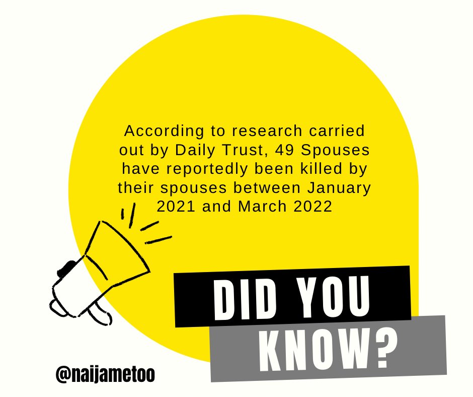 NaijaMetoo's tweet photo. Recent research by @daily_trust has at least 35 women have been killed by their husbands and 14 husbands have been killed by their wives. 

Violence of any kind has no place in our society or our homes. Stop the violence!

https://t.co/65UuWtC2D2

#Metoo https://t.co/2cN2Ss8Hrx
