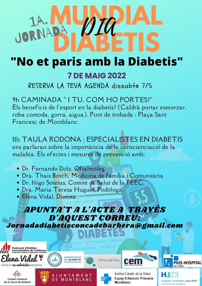 📅 Aquest 7 de maig el <a href="/CEMontlanc/">CEMontblanc</a> organitza una caminada i una taula rodona per parlar dels beneficis de l'esport i la muntanya en la diabetis. 

#sentlamuntanya #sommuntanya #somentitats