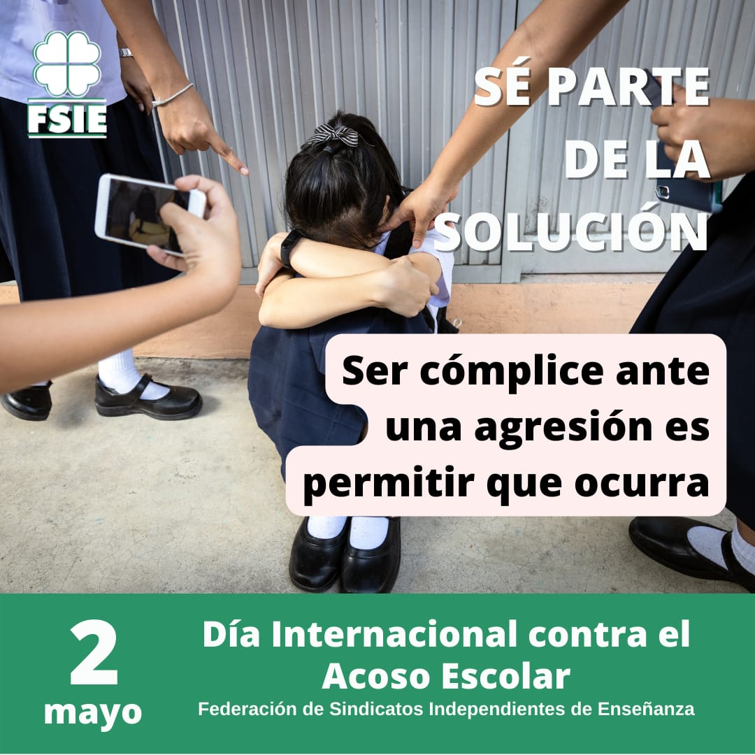 FsieRioja's tweet photo. 🍀 #FSIEInforma 🗣️
Hoy conmemoramos el "Día Internacional contra el Acoso Escolar". El acoso escolar es un mal que nos concierne a todos y que afecta a niños y adolescentes, ya sea de una forma física o psicológica.
#RepiteNOalBullying #Bullying #SomosFSIE https://t.co/Jb2ulKQYCP
