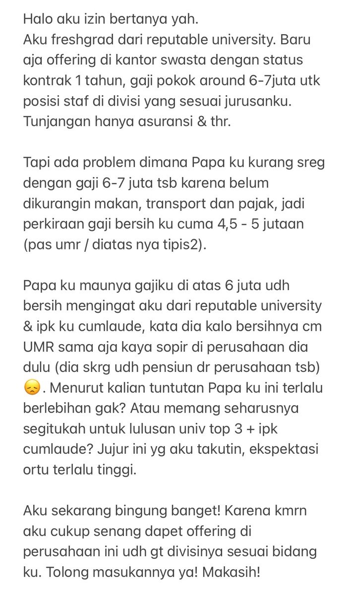 Work!
CW // gaji 

Halo guys aku ada pertanyaan seputar karier buat fg, tolong yah guys pendapatnya