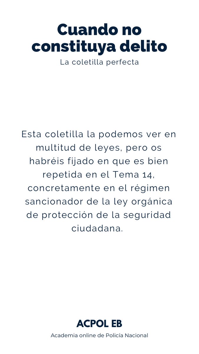 acpol_cnp's tweet photo. Y llegó el lunes y con él la necesidad de aprender nuevas cosas 😀. Os dejamos un 🧵con unas imágenes en las que describimos cómo debe interpretarse la coletilla “salvo que constituya delito” 💪🏻

#XXXIX #CNP #ESCALABÁSICA #OPOCNP #AcpolEB #oposiciones https://t.co/sEns7yFGNC