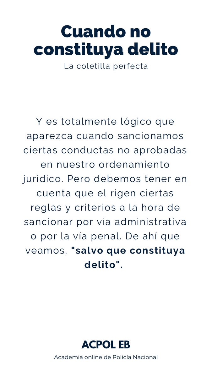 acpol_cnp's tweet photo. Y llegó el lunes y con él la necesidad de aprender nuevas cosas 😀. Os dejamos un 🧵con unas imágenes en las que describimos cómo debe interpretarse la coletilla “salvo que constituya delito” 💪🏻

#XXXIX #CNP #ESCALABÁSICA #OPOCNP #AcpolEB #oposiciones https://t.co/sEns7yFGNC